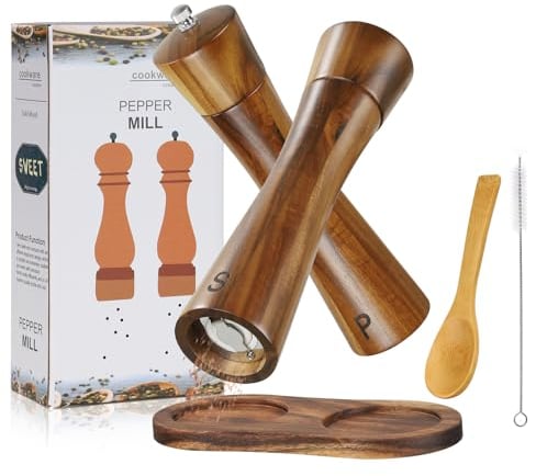 BEZORR Salt and Pepper Grinder Set, 8inch Pepper Mill with Tray, Acacia Salt and Pepper Grinder Set of 2 with Ceramic Grinder, Refillable Spice Grinder Shakers for Cooking and Baking