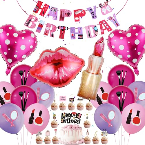 Spa Makeup Birthday Party Decorations - 44 Pieces Makeup Birthday Party Supplies Happy Birthday Banner Lipstick Foil Balloons Latex Balloon Cake Topper for Kids Girls Makeup Theme Party