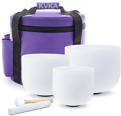 KVKA Crystal Singing Bowls Set of 8A + 10C + 12F 432hz Quartz Crystal Singing Bowls Sound Healing Bowls Yoga Meditation with Carrying Cases