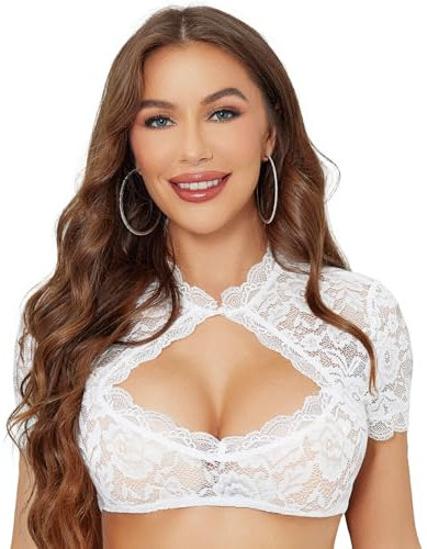 Funspread Dirndlbluse Damen Spitze Weiß - Kurzarm Dirndl Bluse Trachtenbluse für Oktoberfest 40