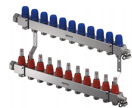 VarioC Heizkreisverteiler [2-12 Heizkreise] Edelstahl für Fußbodenheizung mit Druchflussmesser und Ventilen, Entlüftungs Ablassventil, Verteiler mit Rotameter (1133479), 11 Heizkreise