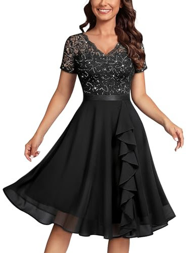 MISSMAY Women's Vintage Floral Lace Sequin V-Neck Ruffle Cocktail Party Formal Fit and Flare Swing Dress (X-Large, Black)