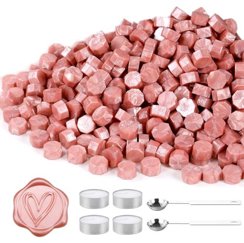 Yoption 360Pcs Rose Gold Sealing Wax Beads with 2 Spoons and 4Pcs Tea Candles for Wax Seal Stamps, Cards, Wedding Invitations, Wine Packaging, Gift Wrap, Envelopes