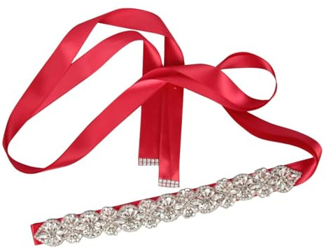 Qiantull Strass Braut Gürtel Hochzeit Schärpe Strass Satin Brautgürtel Glitzergürtel Kleidgürtel Glitzer Kristall Braut Schärpe Bride Belt für Hochzeit Party Brautkleid Abendkleid Rot