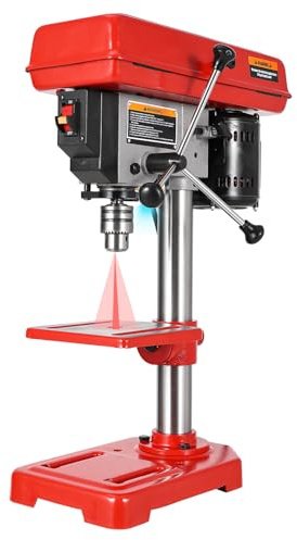 8 Benchtop Drill Press, Laser Ray (Class II Max. 1mW), Tabletop Drilling Machine with 5 Adjustable Speeds (620 to 3100 RPM), 0-45°Tilting Worktable with LED Light (1W), for Wood or Metal