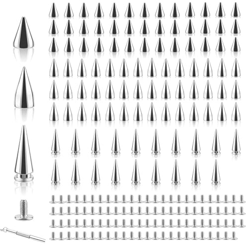 100pcs Cone Spikes Studs Rivets,Studs for Clothing & Rivets for Leather Kit,7mm Silver Cone Spikes Screw Back Punk Rock DIY Studs for Crafts, Bags, Jackets, Jewelry Making with 3 Sizes & Screwdriver