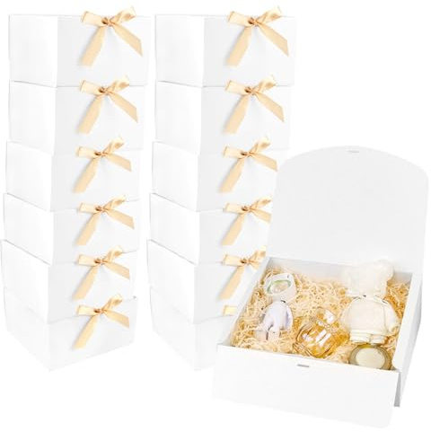 12 Stück 20×20×10cm Geschenkbox mit Deckel Set, Geschenk Schachtel, Geschenkkarton mit Gold Satinband, Weiße Geschenkverpackung Box, Geschenkkarton Verpackungskartons für Hochzeit, Geburtstag Party