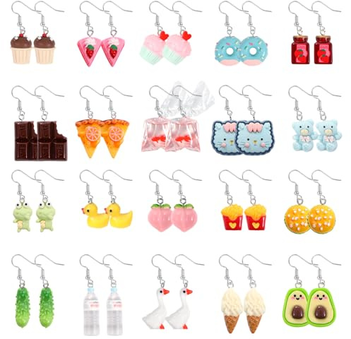 PHOGARY Lustige Ohrringe für Damen, ohrringe sommer bubble tea anhänger, Erdbeere, Bunt Süße Harz Tropfen Set für Mädchen, 20 Paar