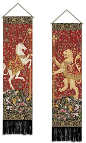 SUPERDANT 2 teiliges Mittelalterliches Löwen Wandteppich 130x33 cm Schmaler Retro Wandbehang mit Stange Wandteppiche Tapestry für Wohnung Flur Schlafzimmer Man Cave Bunt