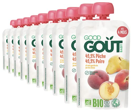 Good Goût - BIO - Gourde de Purée de Fruits Pêche Poire dès 4 Mois 120 g - Pack de 10