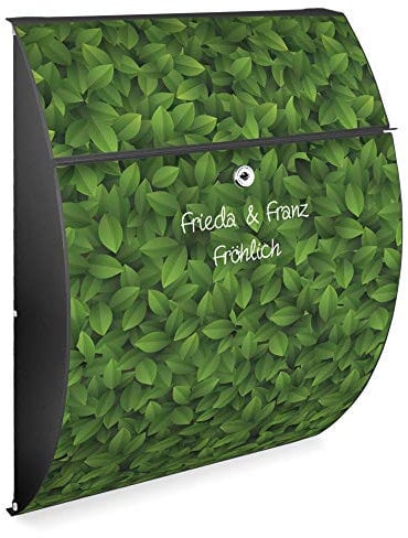 Burg Wächter Design Briefkasten | Modell Riviera 46x33,5x13cm groß | verzinkter Stahl Anthrazit | Postkasten mit Öffnungsstopp, großer A4 Einwurf, Zylinderschloss, 2 Schlüssel | Motiv WT Grüne Blätter