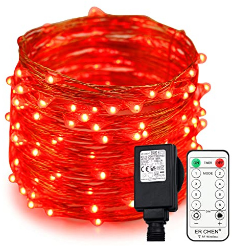 Erchen Strom-betrieben LED Lichterkette, 66 FT 200 LED 20M Stecker dimmbare Kupfer Draht Lichterketten mit 4.5V DC Adapter Fernbedienung für Innen Außen Weihnachten Party (Rot)