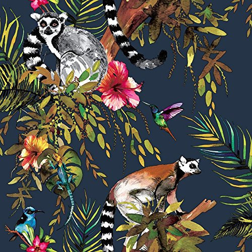 Lemur Wallpaper Navy Blue Tropical Jungle Birds Metallic Floral Trees Animals from YöL