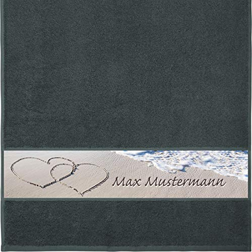 Manutextur Handtuch mit Namen - personalisiert - Motiv Liebe - Strand - viele Farben & Motive - Dusch-Handtuch - anthrazit - Größe 50x100 cm - persönliches Geschenk mit Wunsch-Motiv und Wunsch-Name