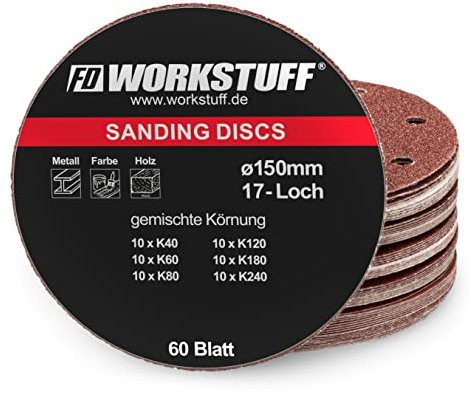 Gewebe-Schleifscheiben │ 60 Stück │ 17-Loch │ Ø 150 mm │ je 10 x Korn 40/60/80/120/180/240 │ für Exzenterschleifer │ Schleifblätter │ Schleifpapier │ Schleifpads │ Gemischtes Korn