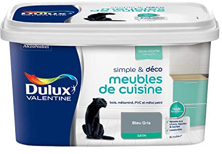 Dulux Valentine Simple & Déco Peinture intérieure de Rénovation - Pour vos meubles de cuisine en bois, mélaminé, PVC, métal peint - Couleur : Bleu Gris Satin - 2L - 5330485