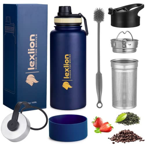 Lexlion Tea Infuser Water Bottle 32 Oz – Triple Wall Insulated Stainless Steel, Loose Leaf & Fruit Strainer, 3 Leakproof Lids, BPA-Free Silicone Sleeve, Reusable Thermal Mug