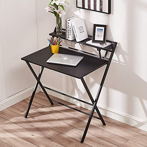 Panana Folding Table Foldable Computer Laptop Desk Study Writing Portable Home Office Desk With Bookcase Shelf (Black)