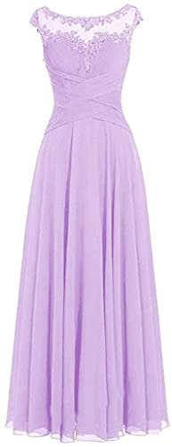 dinavian Abito da sera lungo da donna, con scollo rotondo, in chiffon, per feste, balli e damigelle d'onore, Lilla, 42
