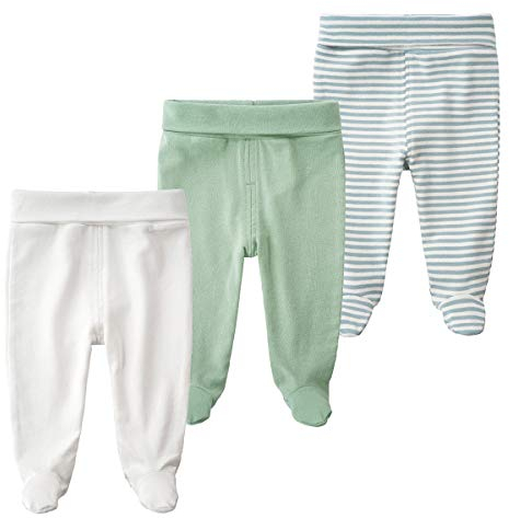 BINIDUCKLING Baby 3er Pack Hohe Taille Hose mit Fuß - aus Baumwolle - Baby Pumphose Strampelhose mit Fuß für Jungen Mädchen, 0-3 Monate, Grün