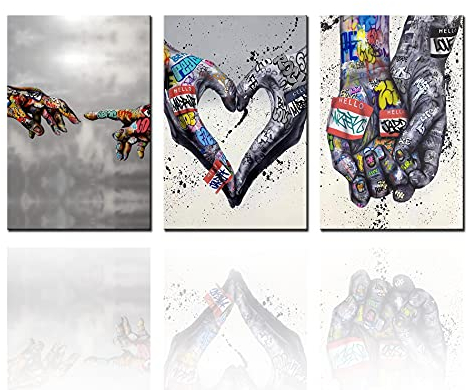 Banksy Street Art Decor Graffiti Wandkunst Aamd Hand Gottes Gemälde für Schlafzimmer Händehalten Bilder nordische Kunstwerk 3 Stück Heimdekoration