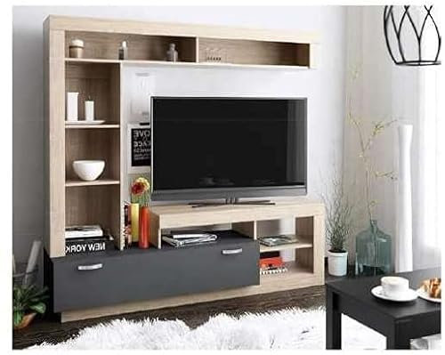 Salone Negozio Online MOBILE TV PIANO TV LIBRERIA KIT PARETE LIVING LEA 170X170X42 QUERCIA ANTRACITE