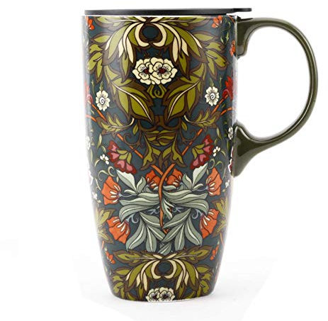 Topadorn Ceramic Coffee Mug Travel Cup Gift with Lid 17oz., Porcelain Tall Tea Cup with Handle for Home & Office, Green Floral Art Pattern Gift Mug, 6.5''H