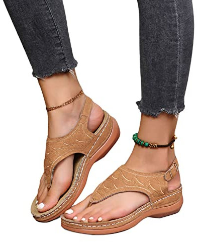 ticticlily Sandales Femmes Été Plateforme Tongs Chaussures Compensées Rétro à Plats Claquettes Nu Pieds Semelle Confortable Bout Ouvert pour Filles Plage A Marron 35 EU
