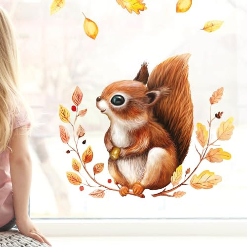 Wandtattoo Loft Fensterbild Herbst Mit Eichhörnchen Auf Blätterkranz Motiv, A3 Bogen, Herbstdeko Kinderzimmer, Herbstbilder, Fensterbild Kinder, Herbstblätter