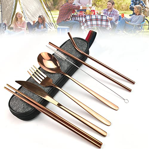 SNAGAROG 8 Pcs Travel Cutlery Set Portable Utensils with Pouch Case Stainless Steel Flatware Rose Gold Reusable for Hiking Camping