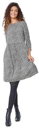 Roman Originals Shift Dress with Pockets for Women UK - Ladies Summer Autumn Winter Smart Casual Work Short 3/4 Sleeve Tunic Knee Length Pleated Gathered Waist Tea Loose - Black Ivory - Size 20