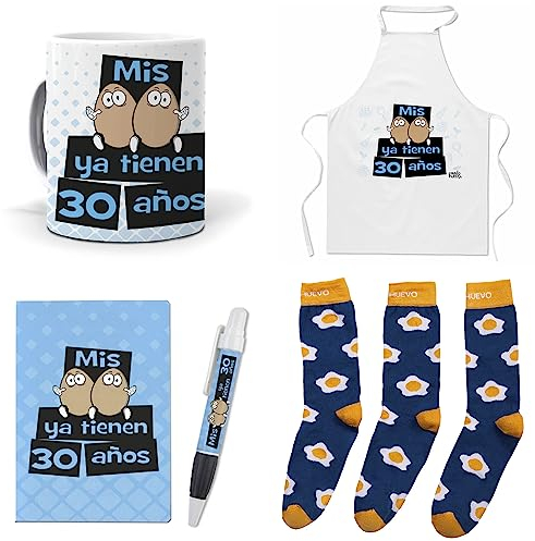 mundohuevo Que Regalar para 30 cumpleaños Hombre. Mis Huevos ya Tienen 30 años. Taza,Delantal, libreta, boli y Trio de Calcetines