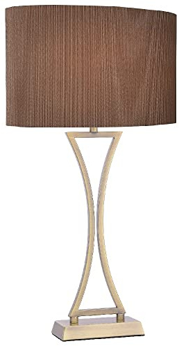 Antique Brass Modern Concave Curved Table Lamp with Brown Oval Micro Pleat Shade | 53cm Height | 1 x ES E27 Lamp Bulb Required (Not Included) | Inline Switch | UK Approved | Contemporary Design