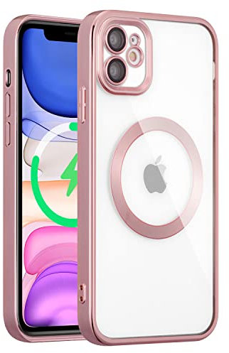 QLTYPRI Magnetic Clear Case for iPhone 12 Compatible with MagSafe Wireless Charging, Electroplated Edge Soft Slim Transparent TPU Bumper Shockproof Phone Case Cover for iPhone 12 6.1 inch – Rose Gold