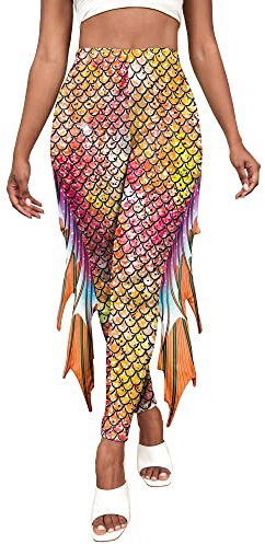 Meerjungfrau Leggings für Frauen Hohe Taille Fischschuppen Yoga Leggings mit Flosse Halloween Kostüm Glänzende Hosen Strumpfhosen, A-Orange, Groß
