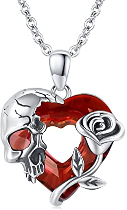 ECHOOY Gothic Schmuck Sterling Silber Schädel und Rose Rot Herz Anhänger Pentagramm Hexe Halskette Gothic Geschenke für Damen Herren Mädchen
