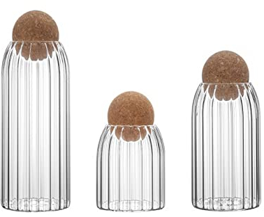 BestAlice Lot de 3 Bocaux en Verre avec Couvercle en Liège, 17/23/34 Oz en Verre avec Boule de Liège, Bouteille Ronde en Verre de Liège, Petit Bocal à Bonbons avec Couvercle en Bois(Bande)