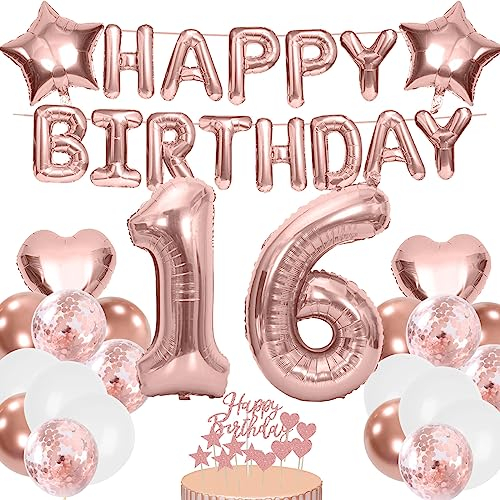 Luftballon 16. Geburtstag Deko Mädchen Roségold, Rosegold Folienballon 16 Jahre Geburtstag, Deko 16 Geburtstag Mädchen, Happy Birthday Banner, Tortendeko für Ballon 16 Geburtstagdeko Mädchen