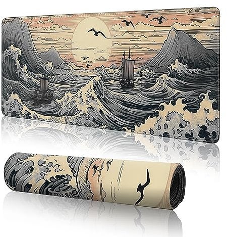 Japanese Sea Waves Large Gaming Mouse Pad,XL Mouse Pad Gaming Mouse Mat Desk Pad,31.5 x 11.8in Desk Mat Anime Mouse Pads for Desk,Extended Keyboard Pad Mousepad with Non-Slip Base and Stitched Edge