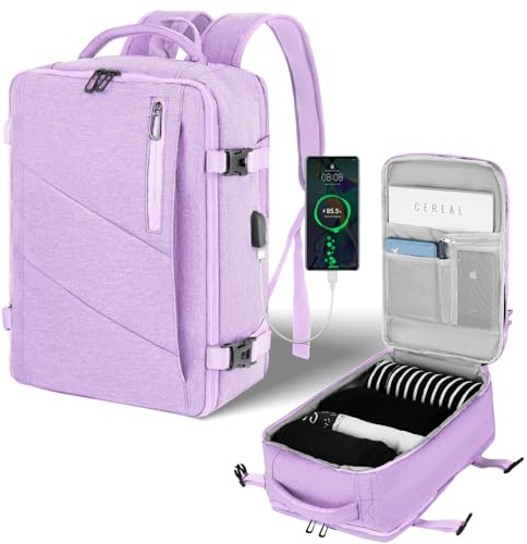 VOESLD Zaino per Ryanair 40x20x25, da Viaggio Aereo Bagaglio a Mano Viola per PC Donna Impermeabile, con Porta USB 20L