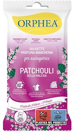 Orphea Salviette 20 pz – Foglietti Profuma Biancheria – Fragranza Patchouli fresca e avvolgente – Bucato profumato e più facile da stirare – Effetto antistatico e colori brillanti