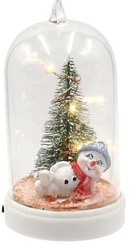 Baumbehang - Anhänger - Glocke mit Schneemann und beleuchteten Tannenbaum, Schneekind mit Mütze und Schal in grau und rot, L/B/H 6 x 6 x 11 cm.