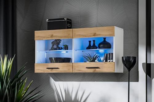 Komodee, Vitrine Schrank Savona, Wotan/Weiß, Breite 100cm x Höhe 50cm x Tiefe 30cm, LED RGB, 2 Glasböden, 2 Türen, für Wohnzimmer, Küche