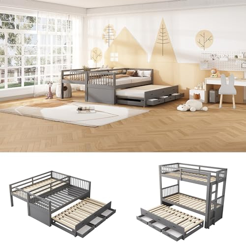 Hochbett für Kinder, Etagenbett mit Leiter & DREI Liegeflächen 90x200cm, Kinderbett aus Holz mit Ausziehbett, Rausfallschutz & Lattenrost & 3 Schubladen, geeignet für Kinder, Jugendliche, Grau