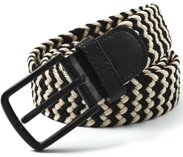 Ymmchy Elastischer Gürtel Herren Stoffgürtel Geflochtener Stretchgürtel Dehnbarer Gürtel Flechtgürtel Männer Breite 3.5cm Beige-Schwarz M