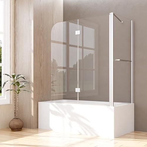 Duschwand für Badewanne 75x100x140cm 2-teilig Faltbar Duschtrennwand mit Seitenwand, Duschabtrennung Zweiteilige Badewannenaufsatz mit 6mm Nano EGS Sicherheitsglas, Seitenwand mit Handtuchhalter