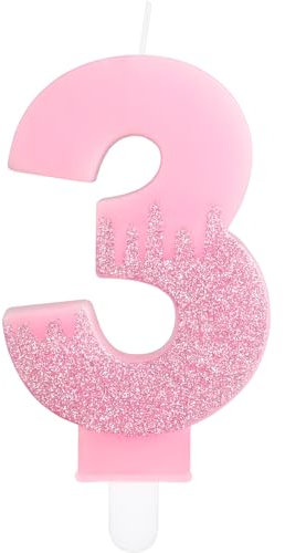 Pink 3rd Birthday Candles, Pink Number 3 Candles Frozen Cake Decorations, Pink Frozen Party Candles, Glitter Pink Candle Cake Topper for Girls Boys Birthday Party Decor Wedding Anniversary Supplies