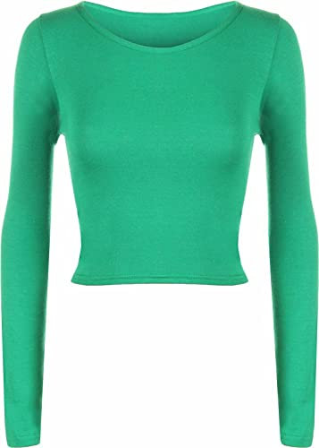 Womens Crop Long Sleeve T Shirt Ladies Short Plain Round Neck Party Wear Cropped Tees Top 8-14 Jade Green