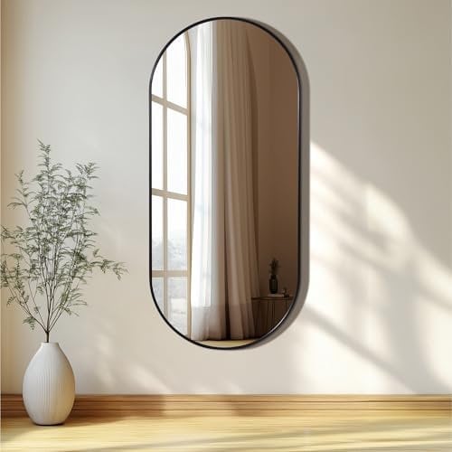 Navaris Spiegel oval groß mit Rahmen - Deko Spiegel 108x50x2cm zum Aufhängen - Wandspiegel oval - Badezimmerspiegel Flur WC - abgerundete Ecken oben - Schwarz ovaler Spiegel