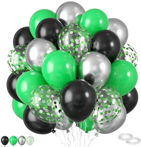 Globos Verdes,60 Piezas de 12 Pulgadas Globos Verdes y Negros,Verde Oscuro Mate,Plata Metálica,Negro Mate, Globos de Confeti para Cumpleaños de Bebé,Fiesta de Graduación,Suministros de Tema de Fútbol